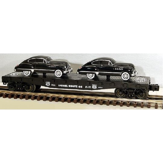 LIONEL 17537 ROUTE 66 FLATCAR WITH 2 TOURING COUPES