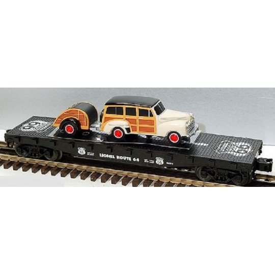LIONEL 17549 ROUTE 66 FLATCAR WITH TOURING STATION WAGON AND TRAILER