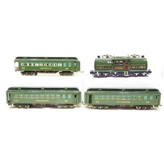 LIONEL 13102 381E TINPLATE ELECTRIC LOCOMOTIVE WITH 13404. 13405 AND 13406 PASSENGER CARS