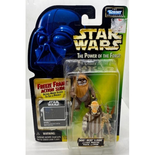 KENNER STAR WARS THE POWER OF THE FORCE EWOKS WICKET AND LOGRAY ACTION FIGURES WITH FREEZE FRAME ACTION SLIDE