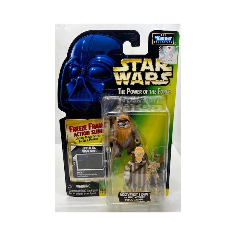 KENNER STAR WARS THE POWER OF THE FORCE EWOKS WICKET AND LOGRAY ACTION FIGURES WITH FREEZE FRAME ACTION SLIDE
