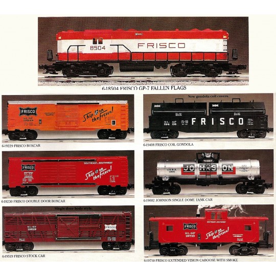 LIONEL 18504 FRISCO FALLEN FLAGS SERIES 5 WITH LIONEL 19229, 19230, 19408, 19519, 19602, 19710