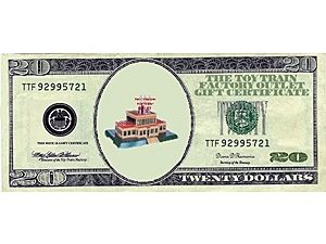 TOY TRAIN FACTORY OUTLET $20.00 Gift Certificate